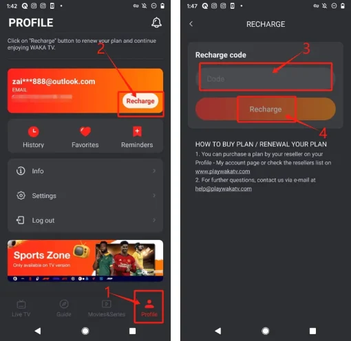 how to use recharge code to renew waka tv on phone